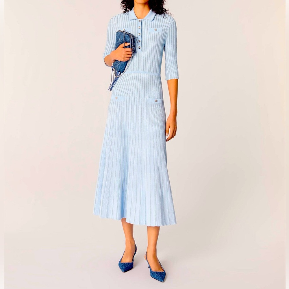 MAJE RULEXANE Light Blue Ribbed Dress Size 36 NWT